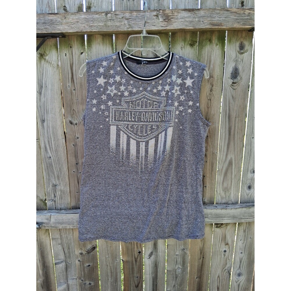 090 Harley Davidson Muscle Tank Top Gray Rhinestones Scoop Neck Women's XL